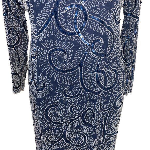 Oleg Cassini Vintage Womens Dress Jacket Set Size 10 Blue Beaded Slip Pure Silk - Picture 7 of 16